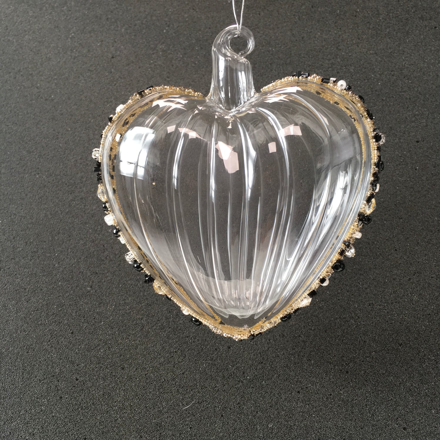 Hand-blown glass heart decorations with black beads for Christmas, Valentines Day and love themed decorating