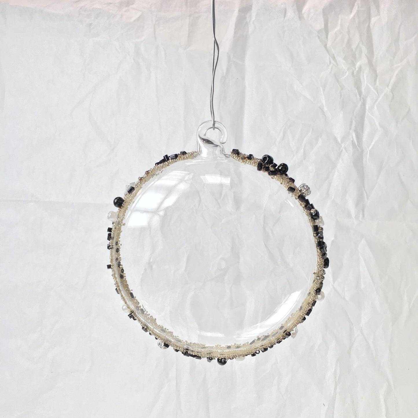 Black Beaded Handmade Glass Flat Sphere Hanging Decorations for Christmas Trees, Weddings or Window Decoration