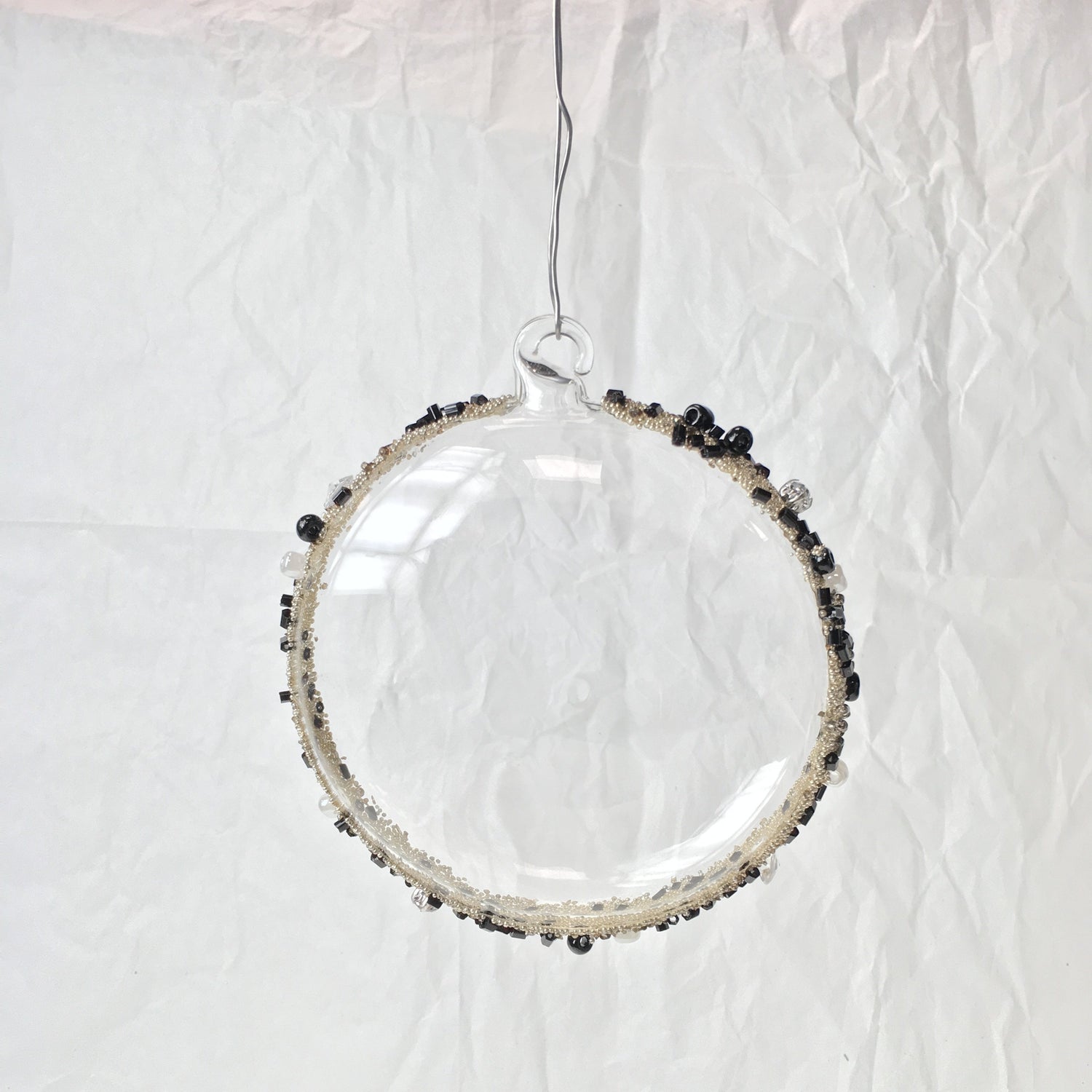 Black Beaded Handmade Glass Flat Sphere Hanging Decorations for Christmas Trees, Weddings or Window Decoration