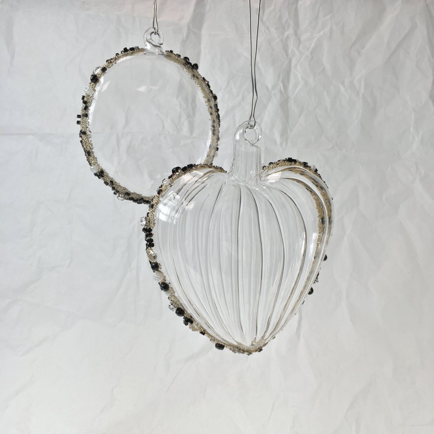 Black Beaded Handmade Glass Flat Sphere Hanging Decorations for Christmas Trees, Weddings or Window Decoration