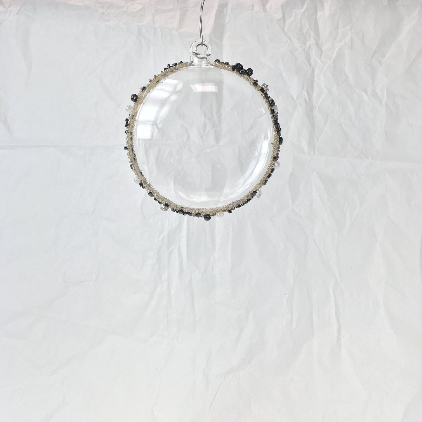 Black Beaded Handmade Glass Flat Sphere Hanging Decorations for Christmas Trees, Weddings or Window Decoration