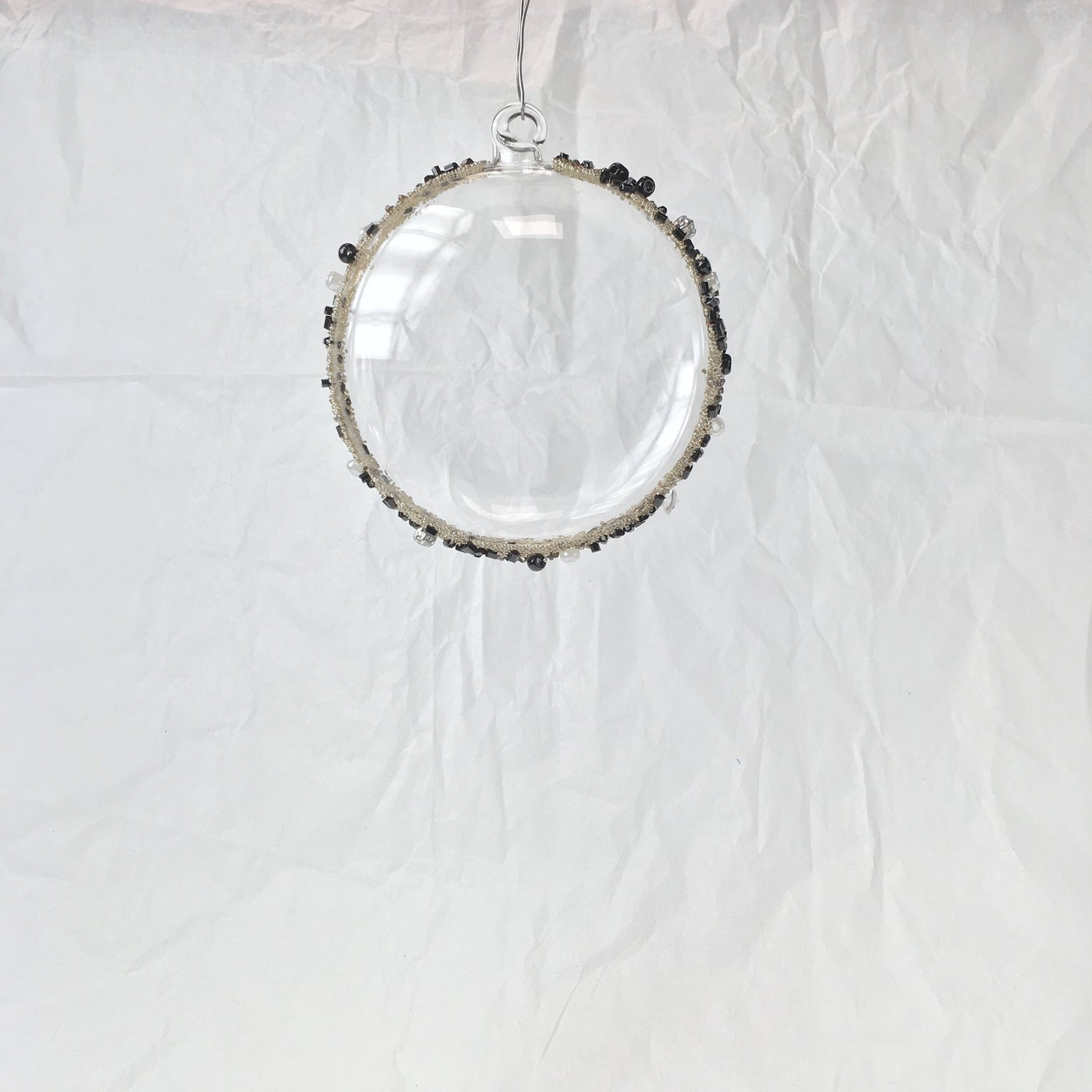 Black Beaded Handmade Glass Flat Sphere Hanging Decorations for Christmas Trees, Weddings or Window Decoration
