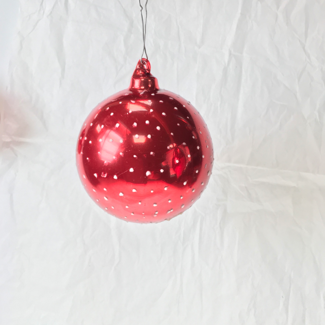 Red Bauble with Snow White Dots for Hanging on the Christmas Tree. Available in Two sizes