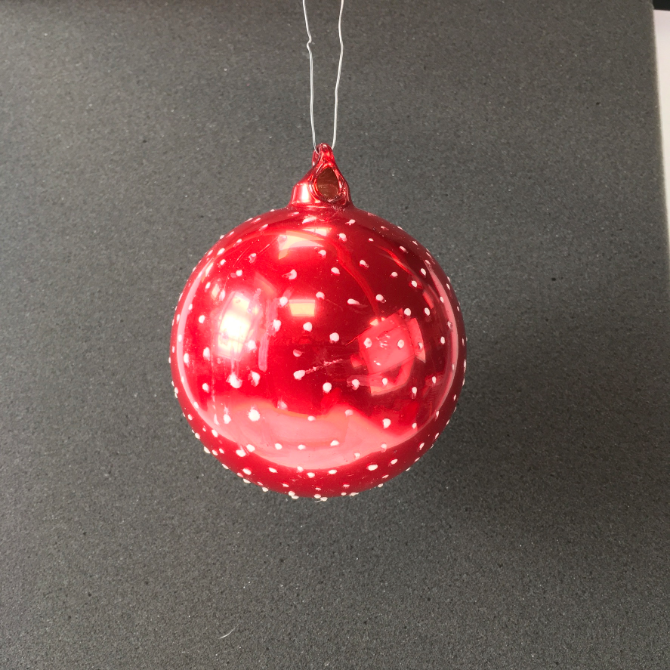 Red Bauble with Snow White Dots for Hanging on the Christmas Tree. Available in Two sizes