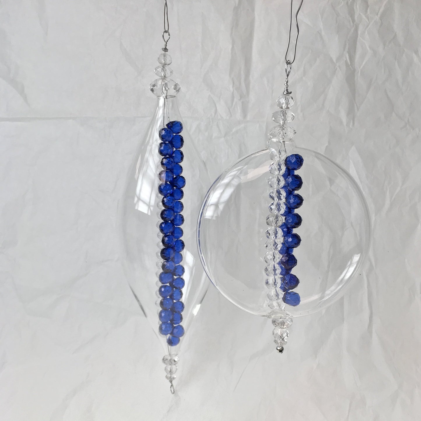 Clear Handmade Glass Decorations with Blue and Clear Beads for Christmas, Weddings and Window Decorating