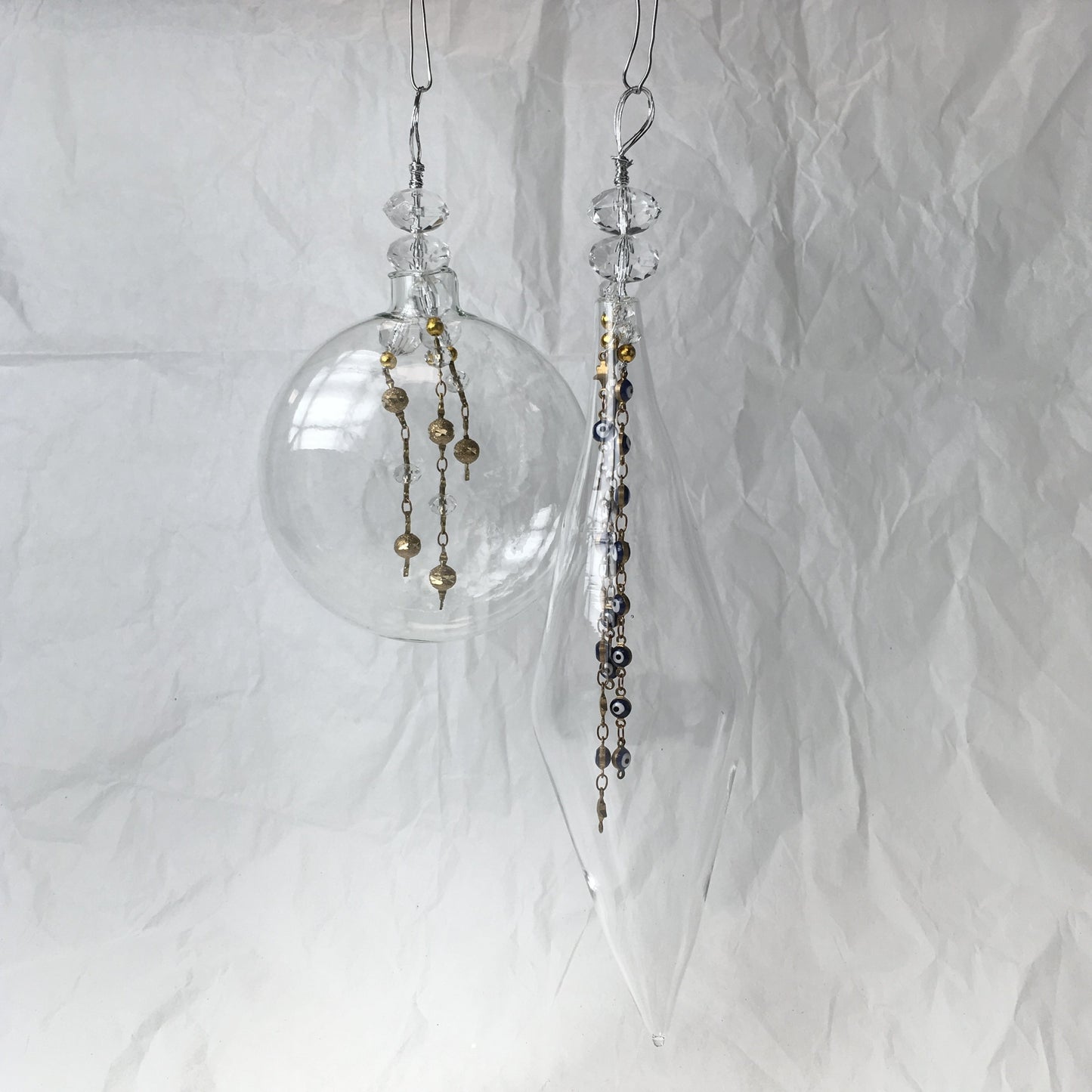 Clear Handmade Glass Decorations with Brass and Clear Beads for Christmas and Wedding Decorating