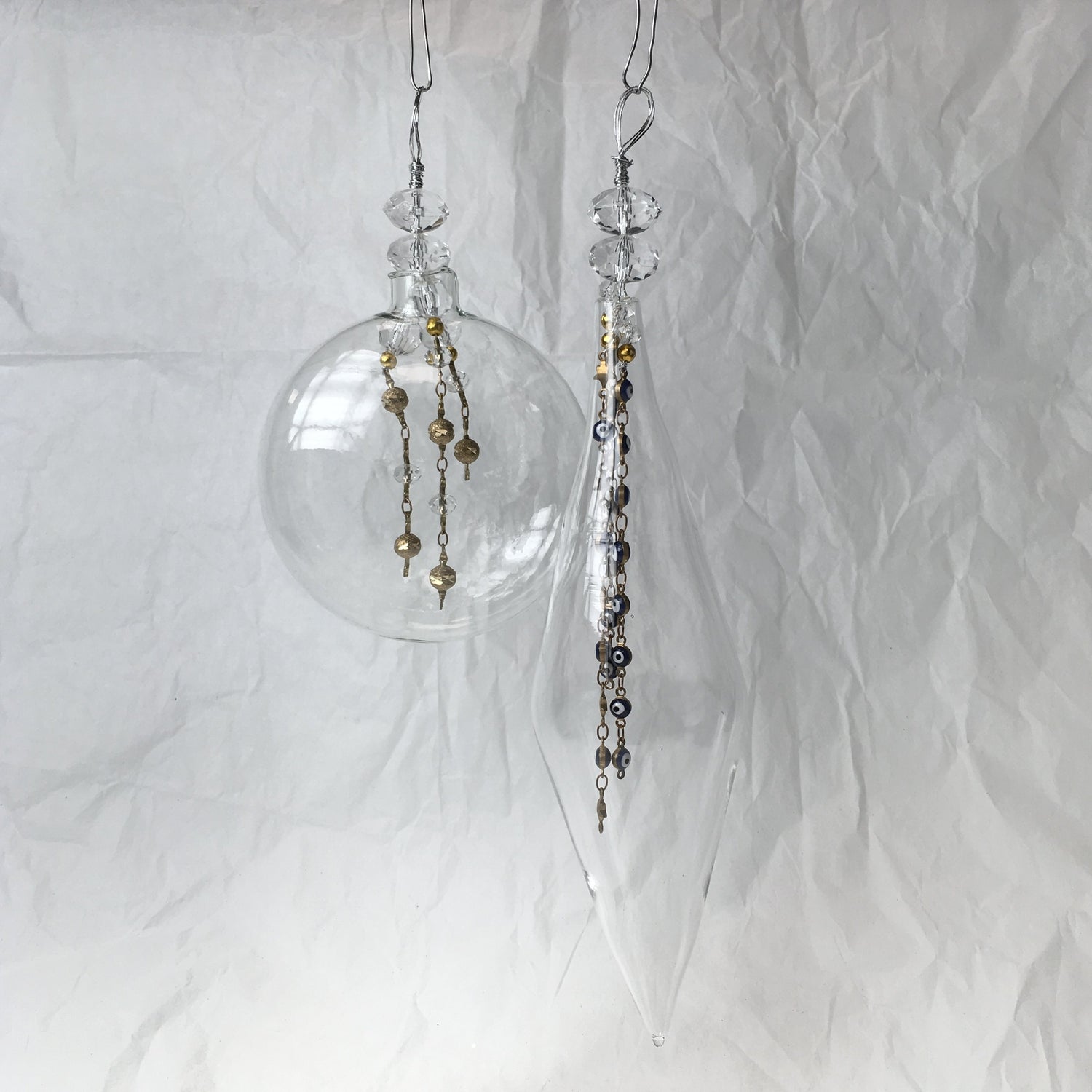 Clear Handmade Glass Decorations with Brass and Clear Beads for Christmas and Wedding Decorating