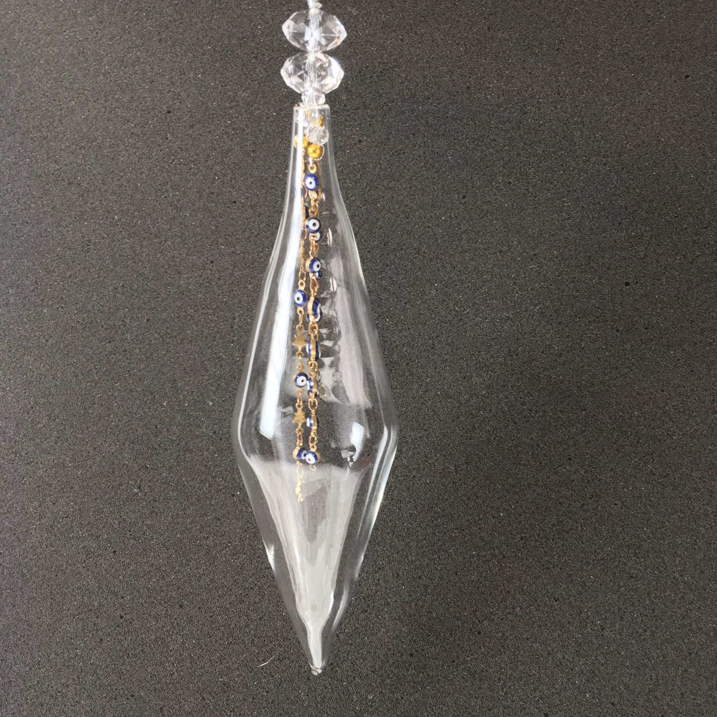 Clear Handmade Glass Decorations with Blue and White Beads like Turkish 'Evil Eye Protection' for Christmas and Wedding Decorating.