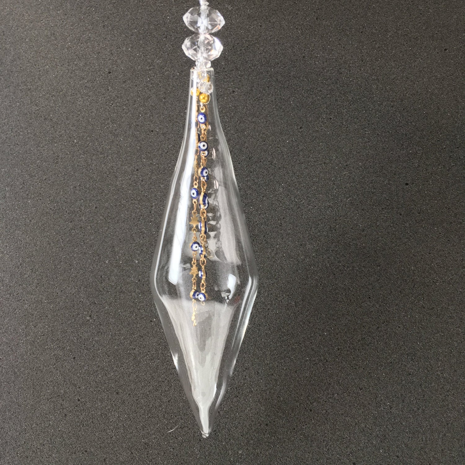 Clear Handmade Glass Decorations with Blue and White Beads like Turkish 'Evil Eye Protection' for Christmas and Wedding Decorating.