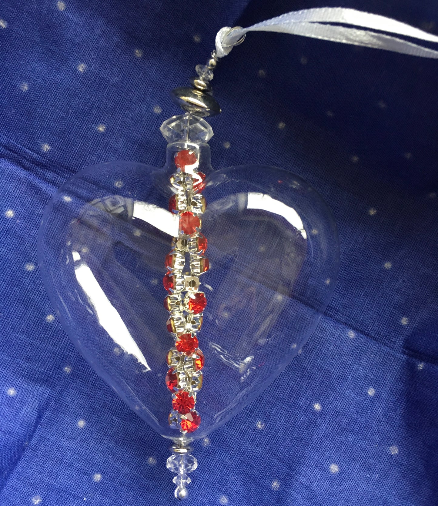 Clear Glass Heart Christmas Decoration with Red Diamante Beads