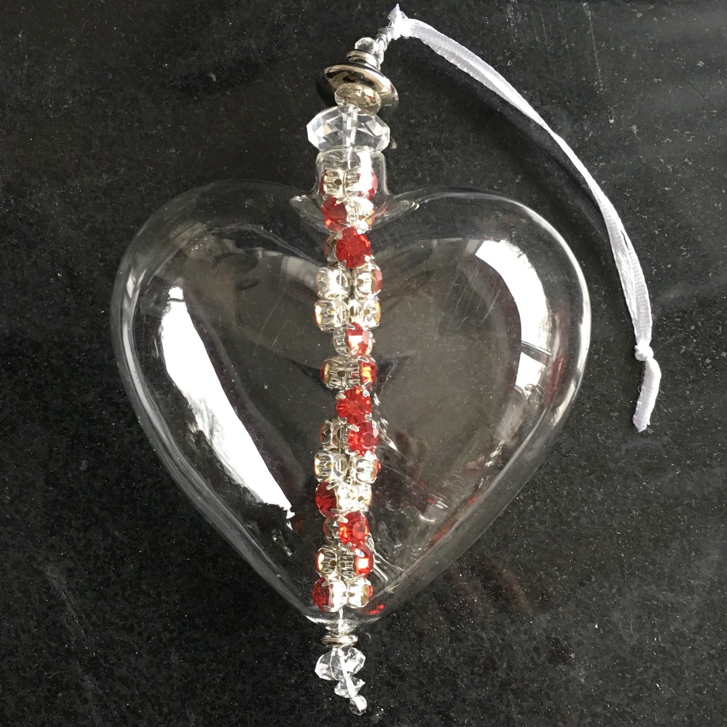 Clear Glass Heart Christmas Decoration with Red Diamante Beads