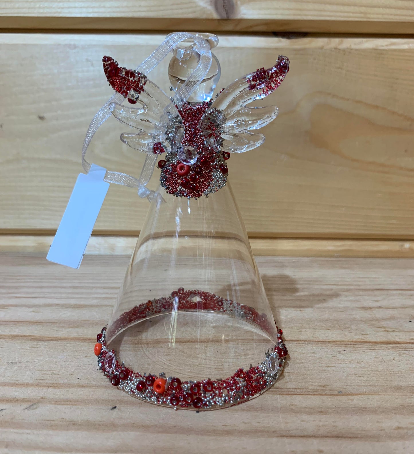 Clear Glass Angel with Red Silver Beading Christmas Tree Dec