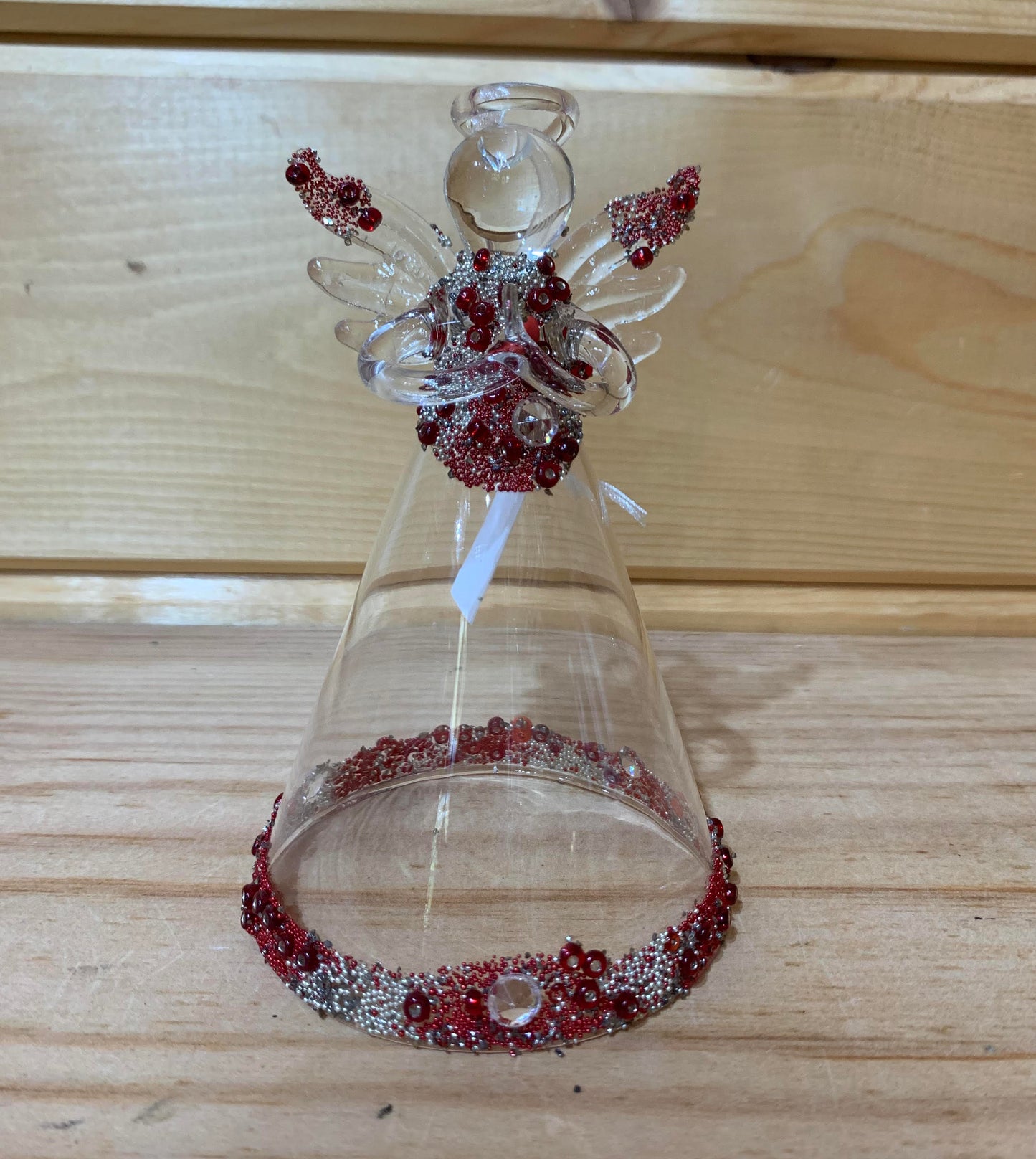 Clear Glass Angel with Red Silver Beading Christmas Tree Dec