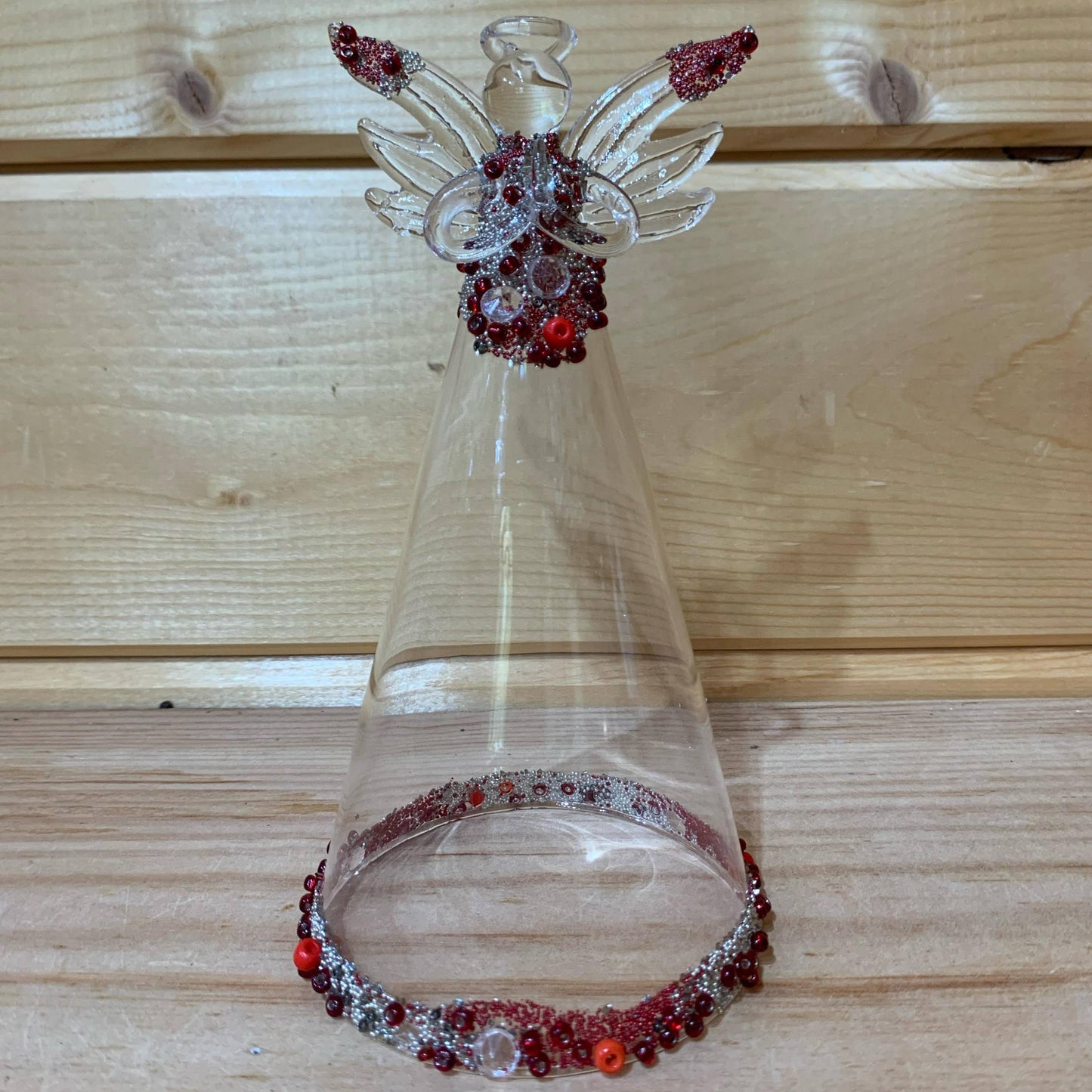 Clear Glass Angel with Red Silver Beading Christmas Tree Dec
