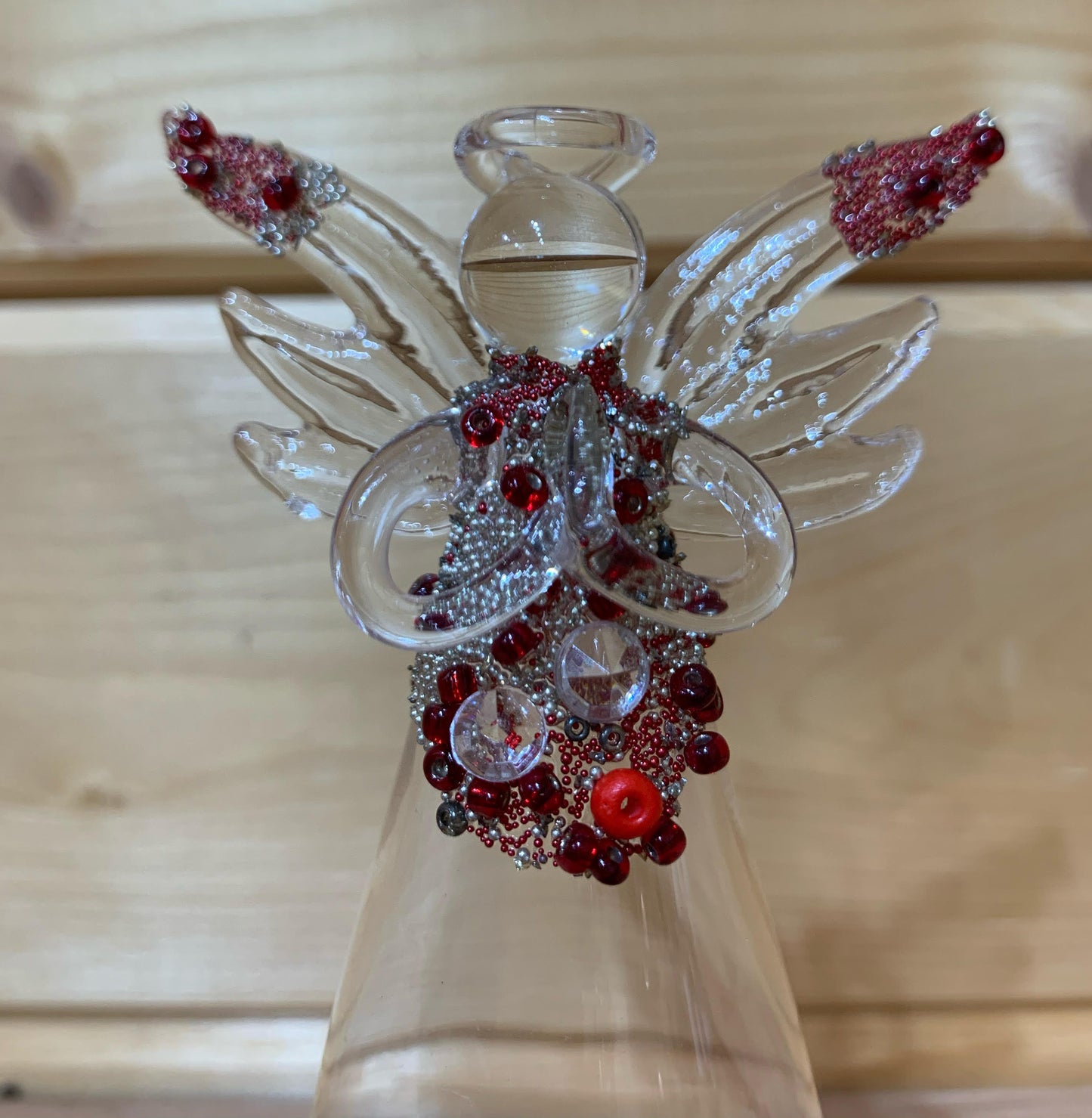 Clear Glass Angel with Red Silver Beading Christmas Tree Dec