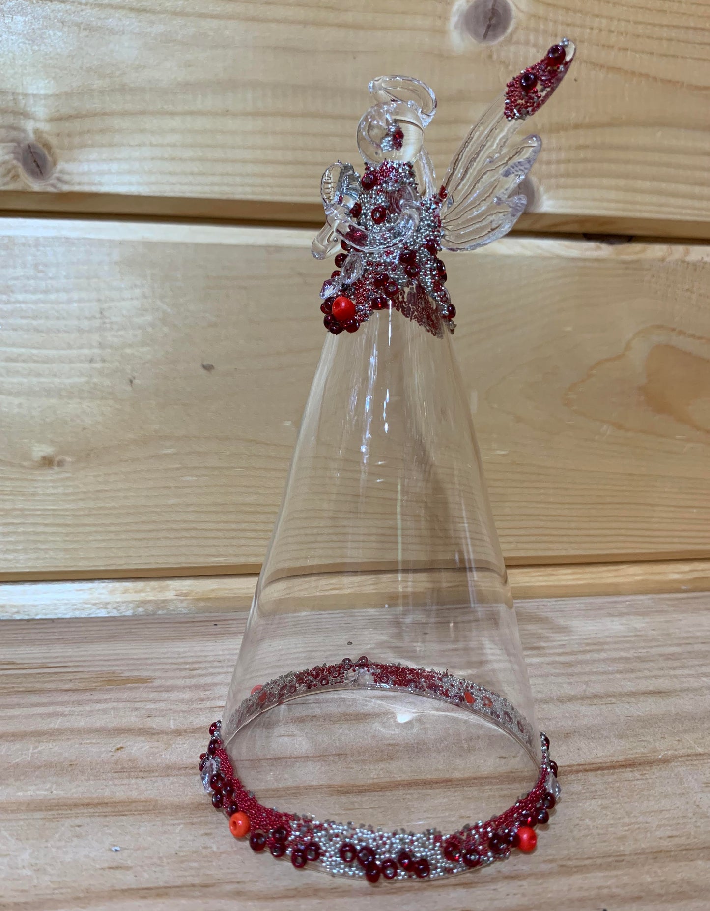 Clear Glass Angel with Red Silver Beading Christmas Tree Dec