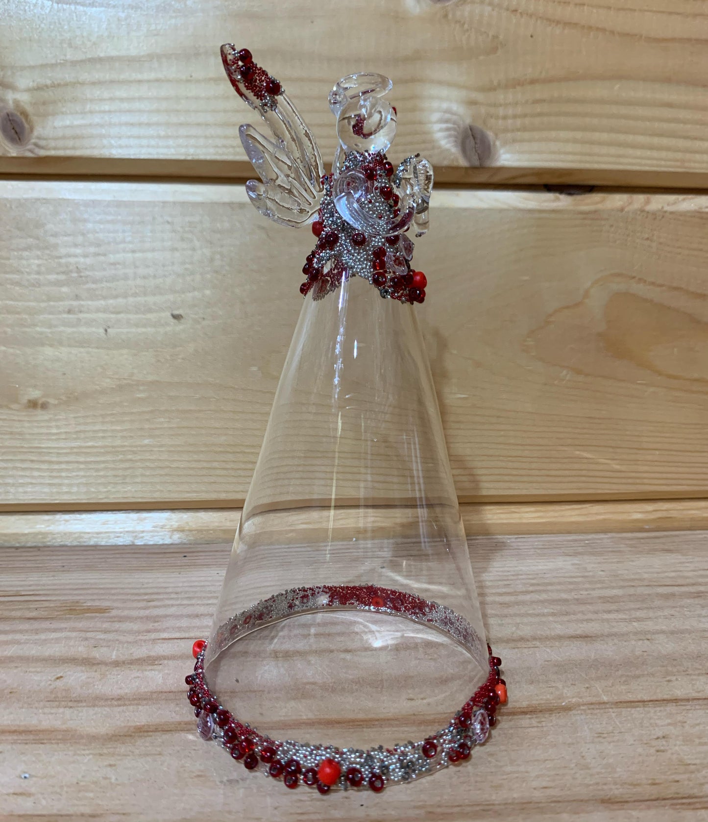 Clear Glass Angel with Red Silver Beading Christmas Tree Dec