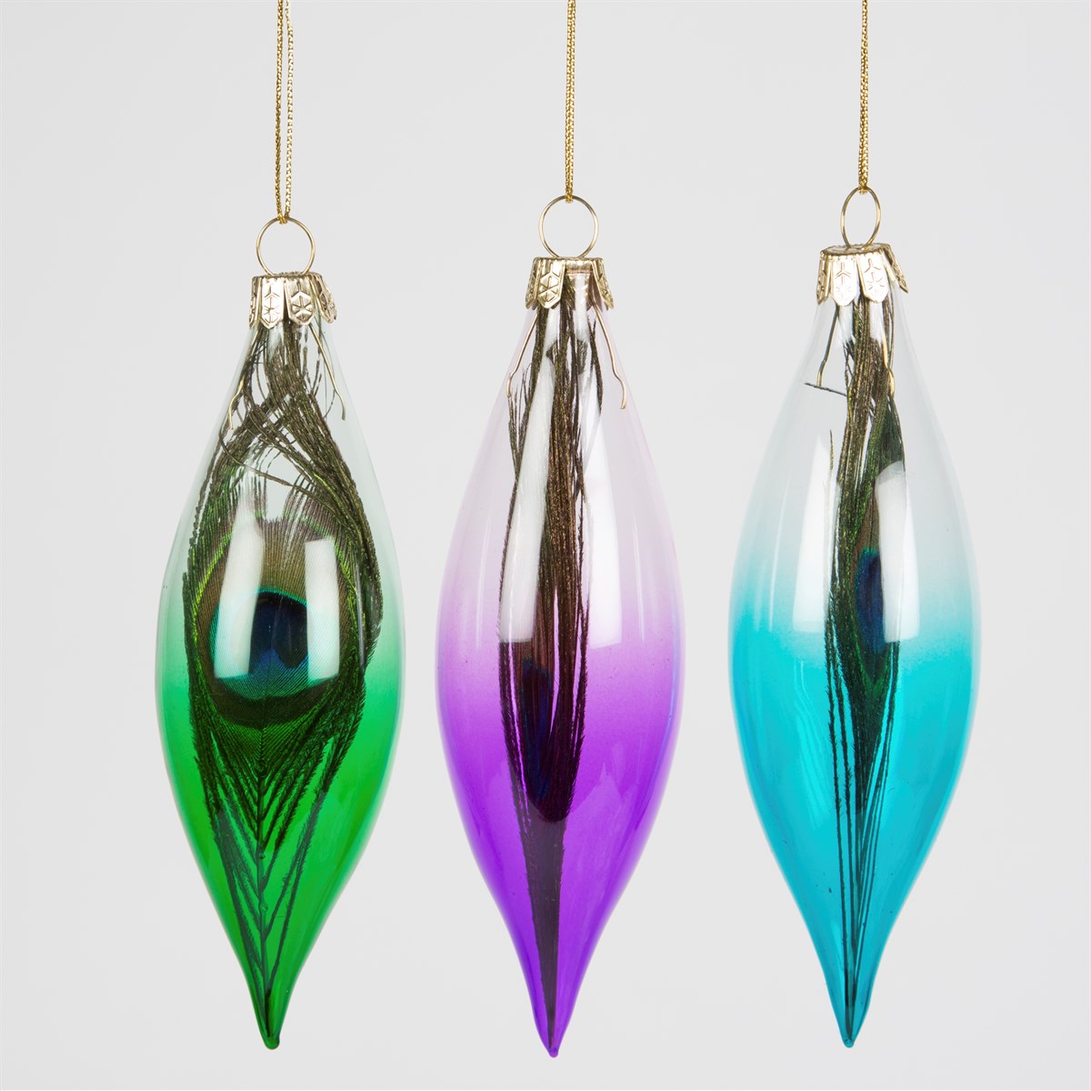 Peacock Feather Finial Glass Decorations