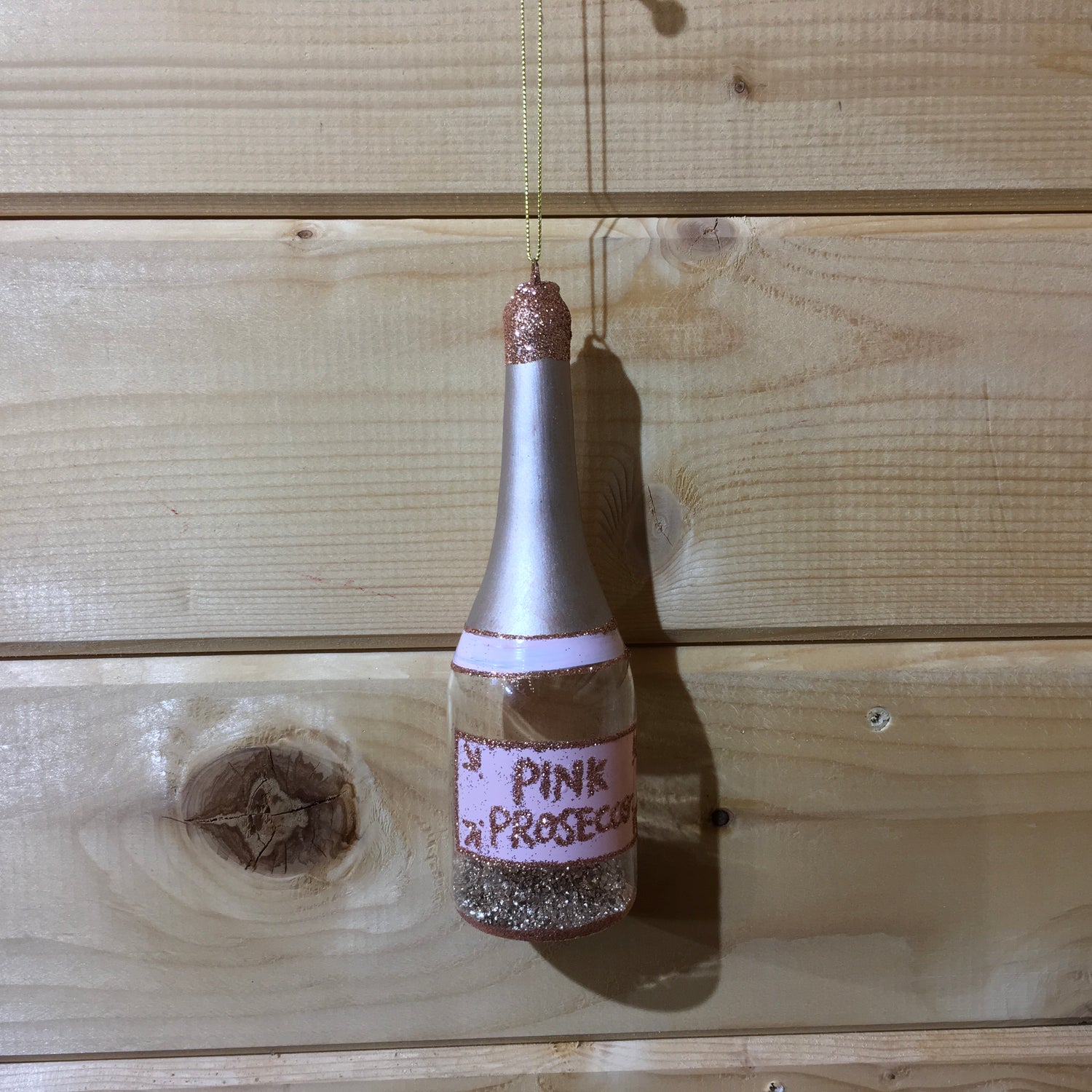 Lets Celebrate glass and pink glittery prosecco bottle decoration for your Christmas tree.