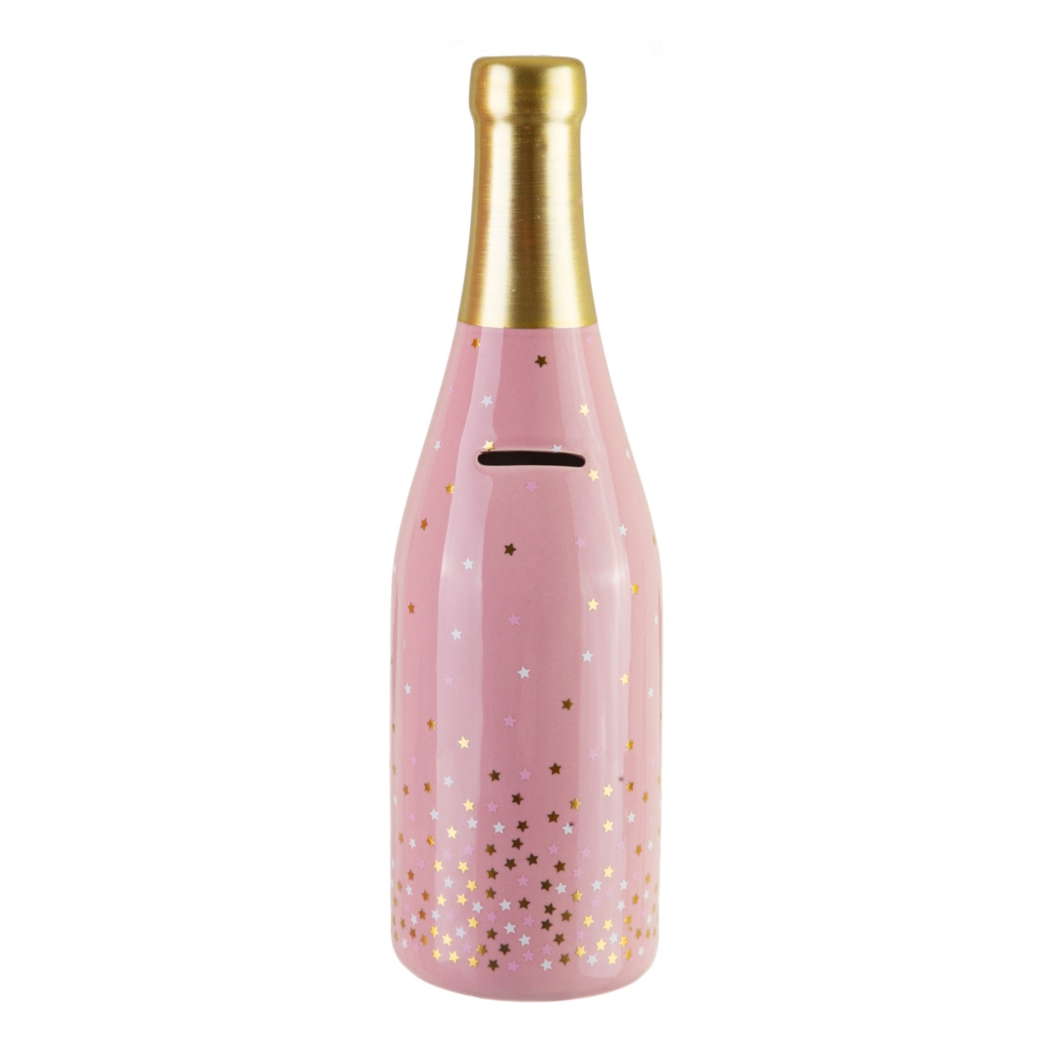 A pretty pink money bank in the form of a prosecco bottle!
