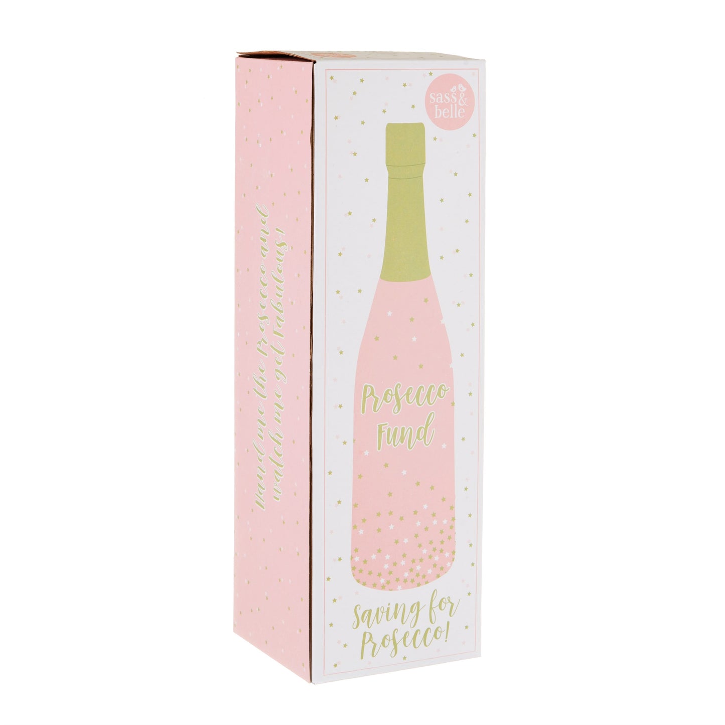 A pretty pink money bank in the form of a prosecco bottle!