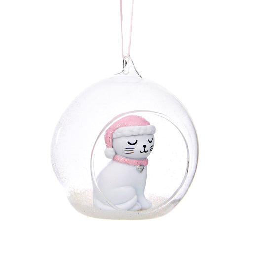 Cat with Pink Santa Hat Open Glass Christmas Bauble
