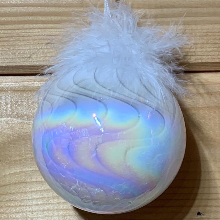 Shimmering, magical white iridescent glass Christmas tree bauble with feathers, to bring a touch of glamour to your tree.