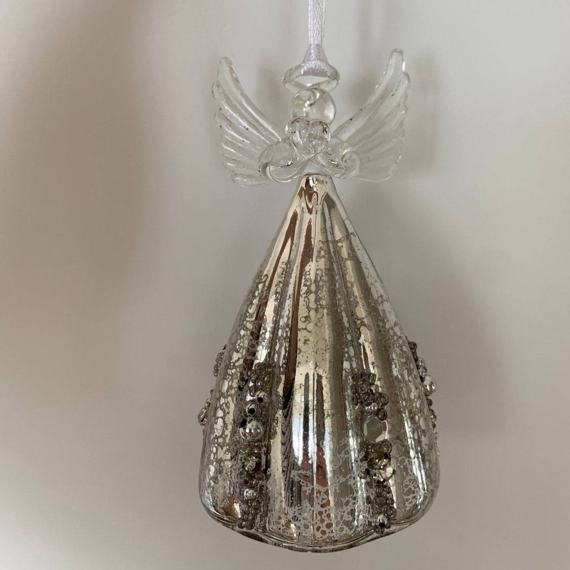 Antique Style Glass Angel Holding Heart with Silver Beading & Fluted Skirt (12cm)