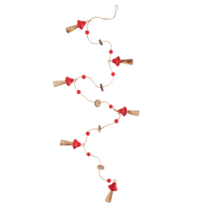 This beautiful, red wooden woodland toadstool hanging garland will add some magic to your festive decorations this winter! Made from wood and jute.