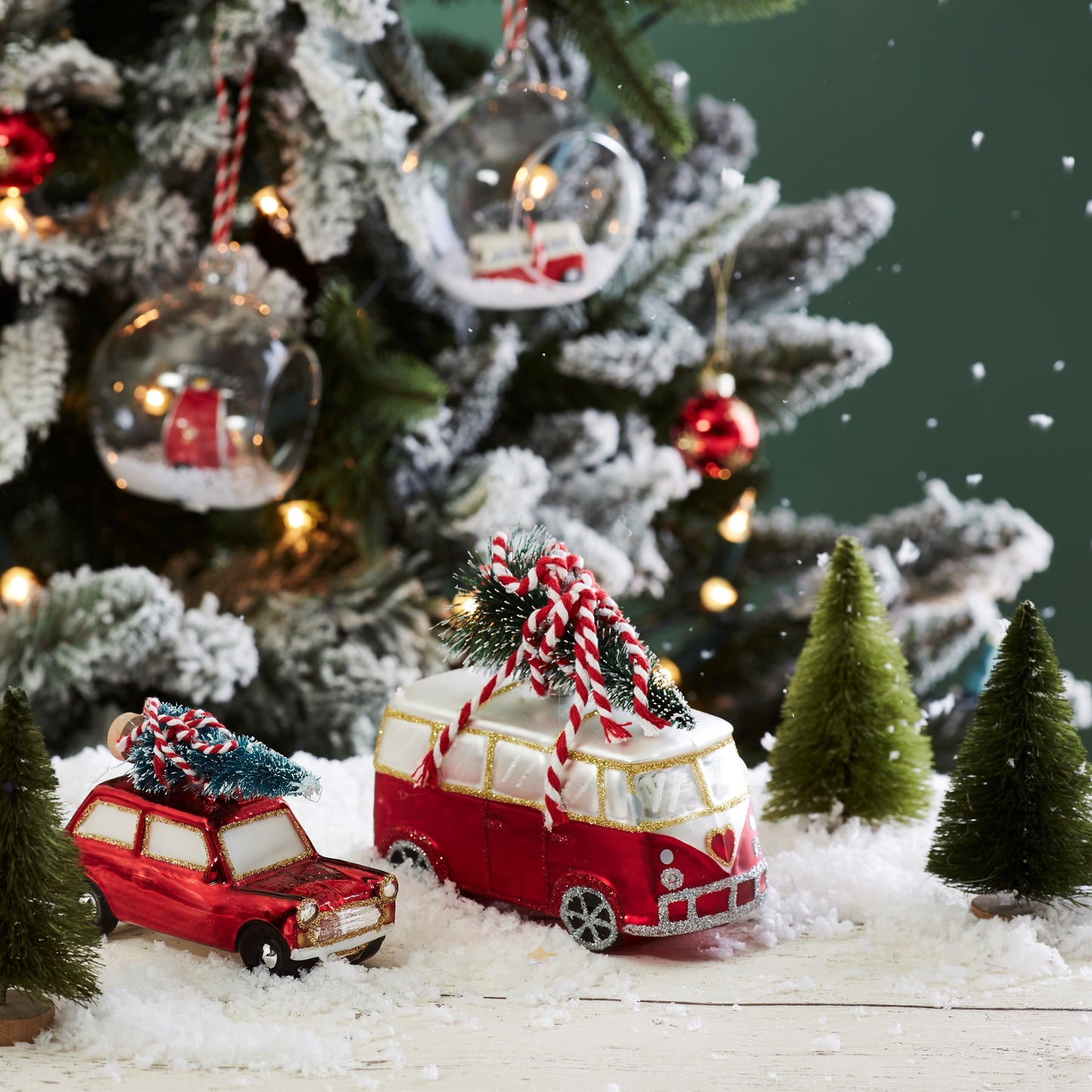 Red Car with Christmas Tree on Roof Hanging Bauble
