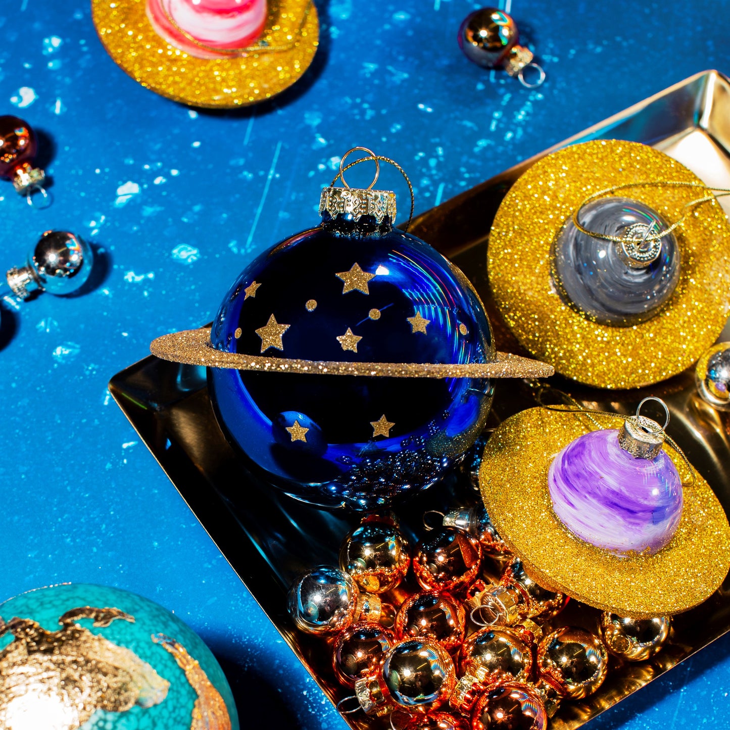 Planet Shaped Blue and Gold Glass Christmas Tree Bauble