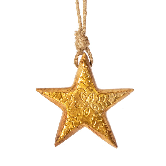 Engraved Wooden Golden Star Christmas Tree Decoration