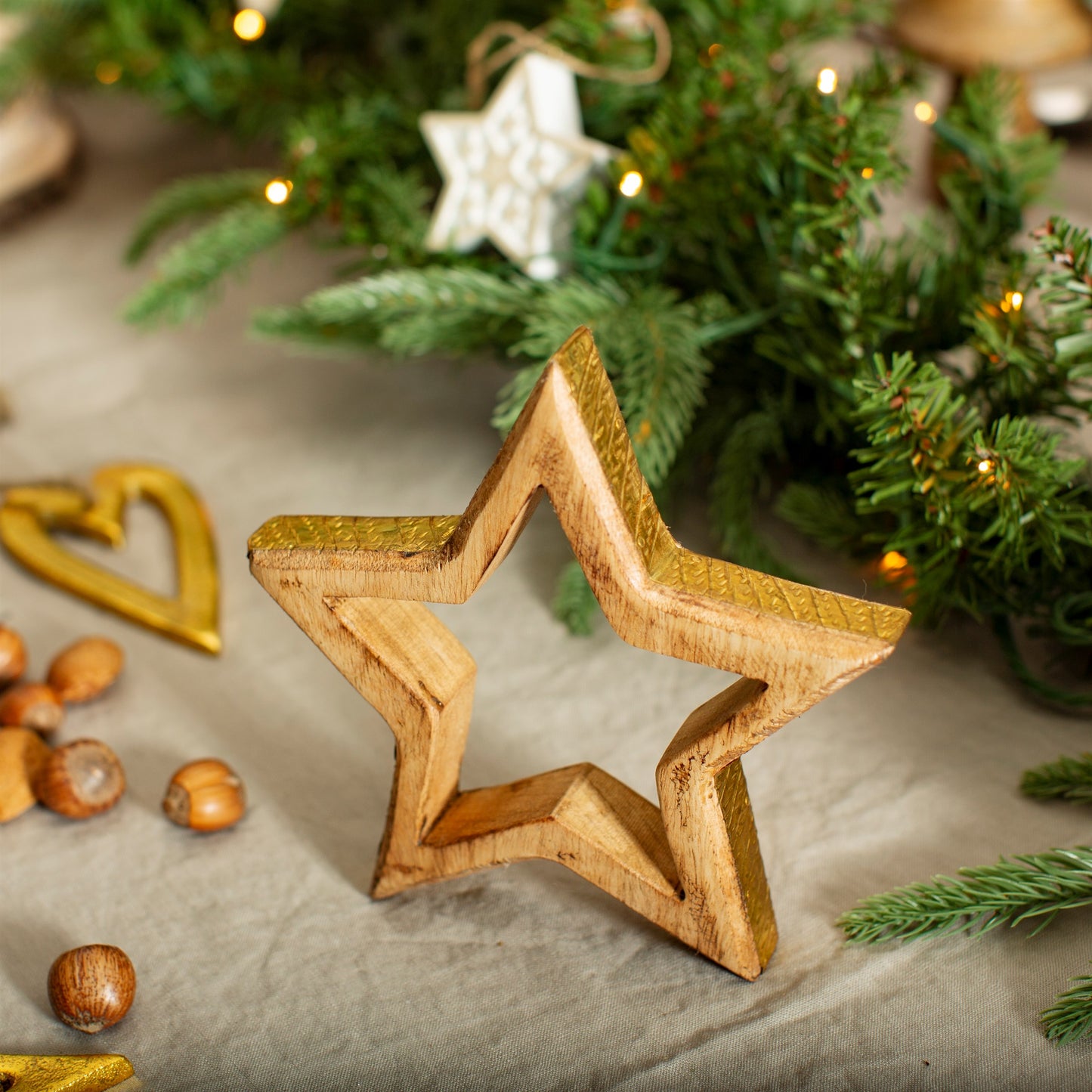 Wooden Star with Golden Edge Christmas Decoration (Small, Med or Large)