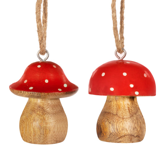 Red & White Polka Dot Wooden Mushroom Toadstool Christmas Tree Decorations