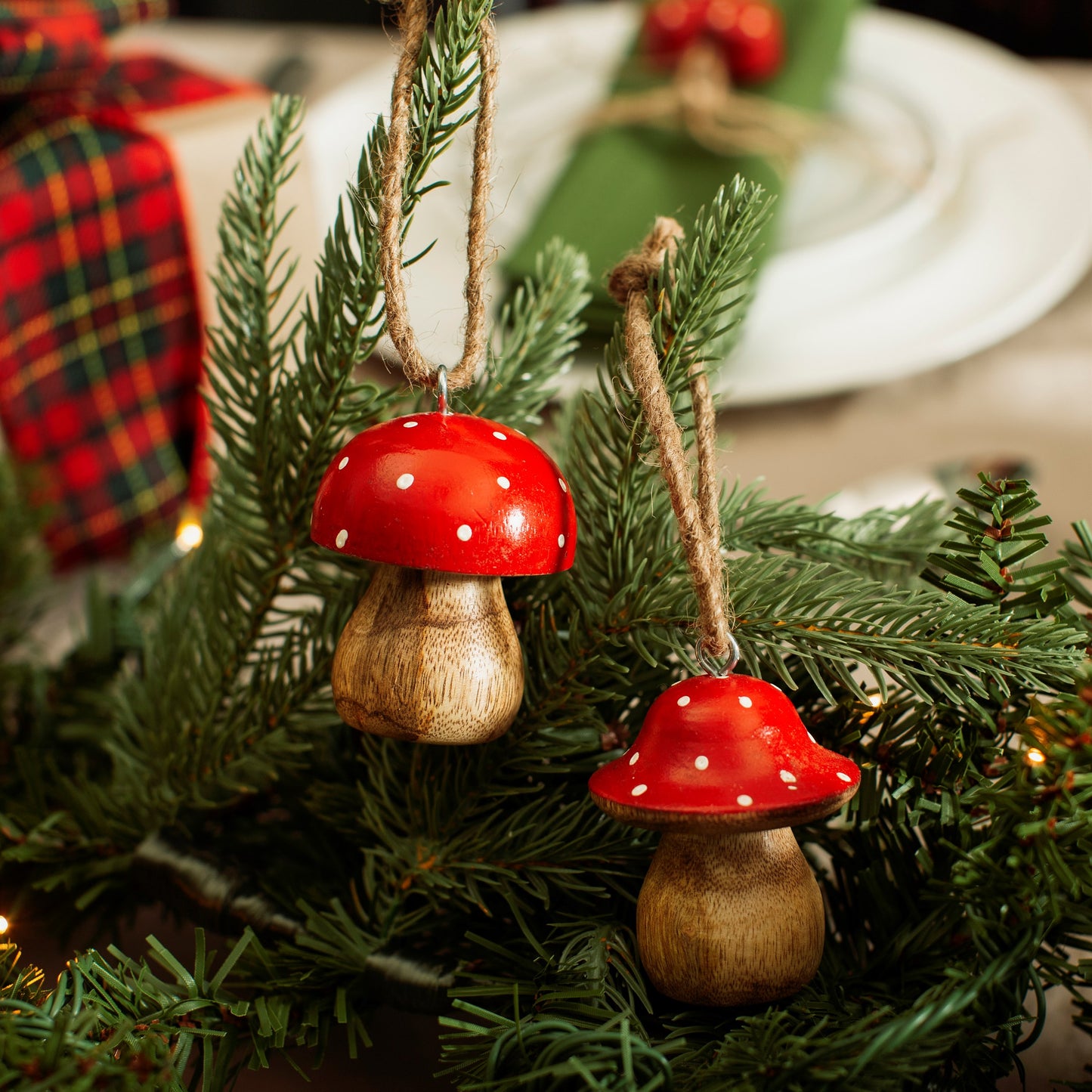 Red & White Polka Dot Wooden Mushroom Toadstool Christmas Ornaments