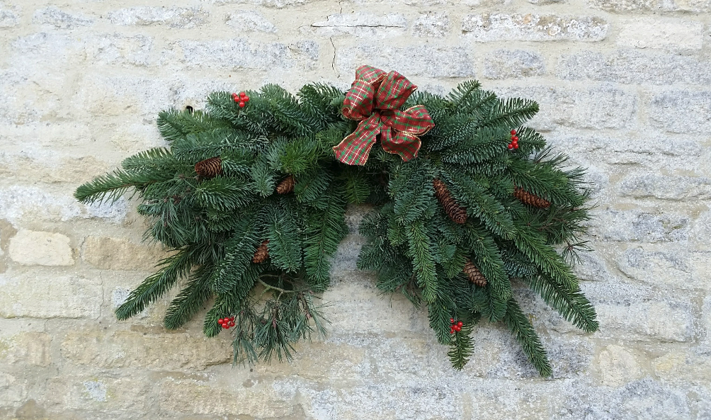 Noble Fir Mantle Corner Swag with Tartan Ribbon