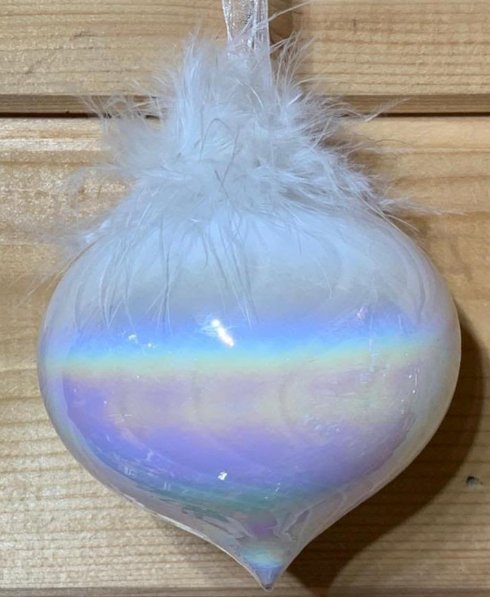White Iridescent Sultan Shaped Glass Bauble with Feathers