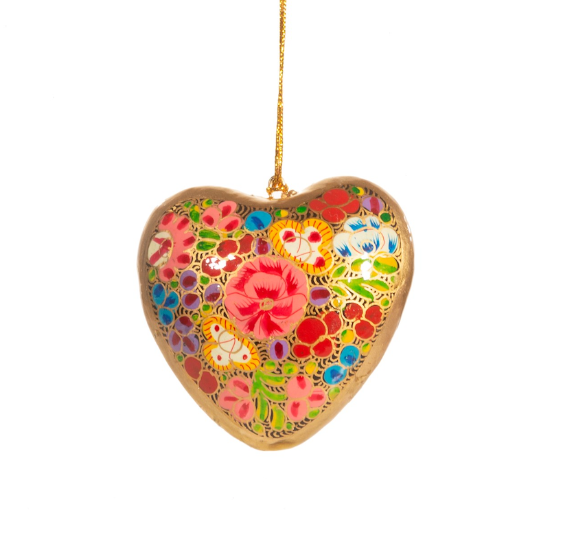 Kashmiri Floral Heart Papier-mâché Christmas Tree Decorations