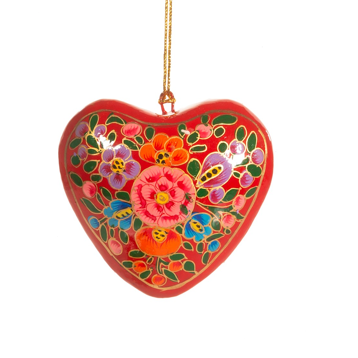Kashmiri Floral Heart Papier-mâché Christmas Tree Decorations