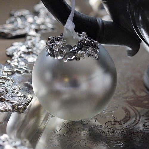 Matt Silver Bauble Glass Christmas Tree Decoration with Beading (6cm)