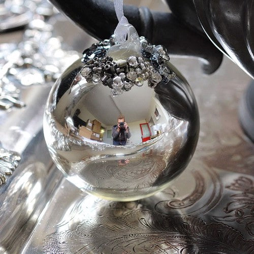 Shiny Silver Bauble Glass Christmas Tree Decoration with Beading (6cm)