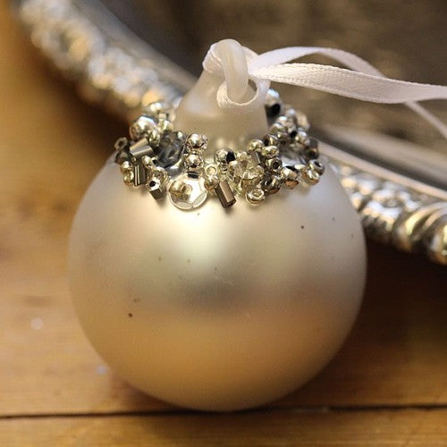 Matt Silver Bauble Glass Christmas Tree Decoration with Beading (4cm)