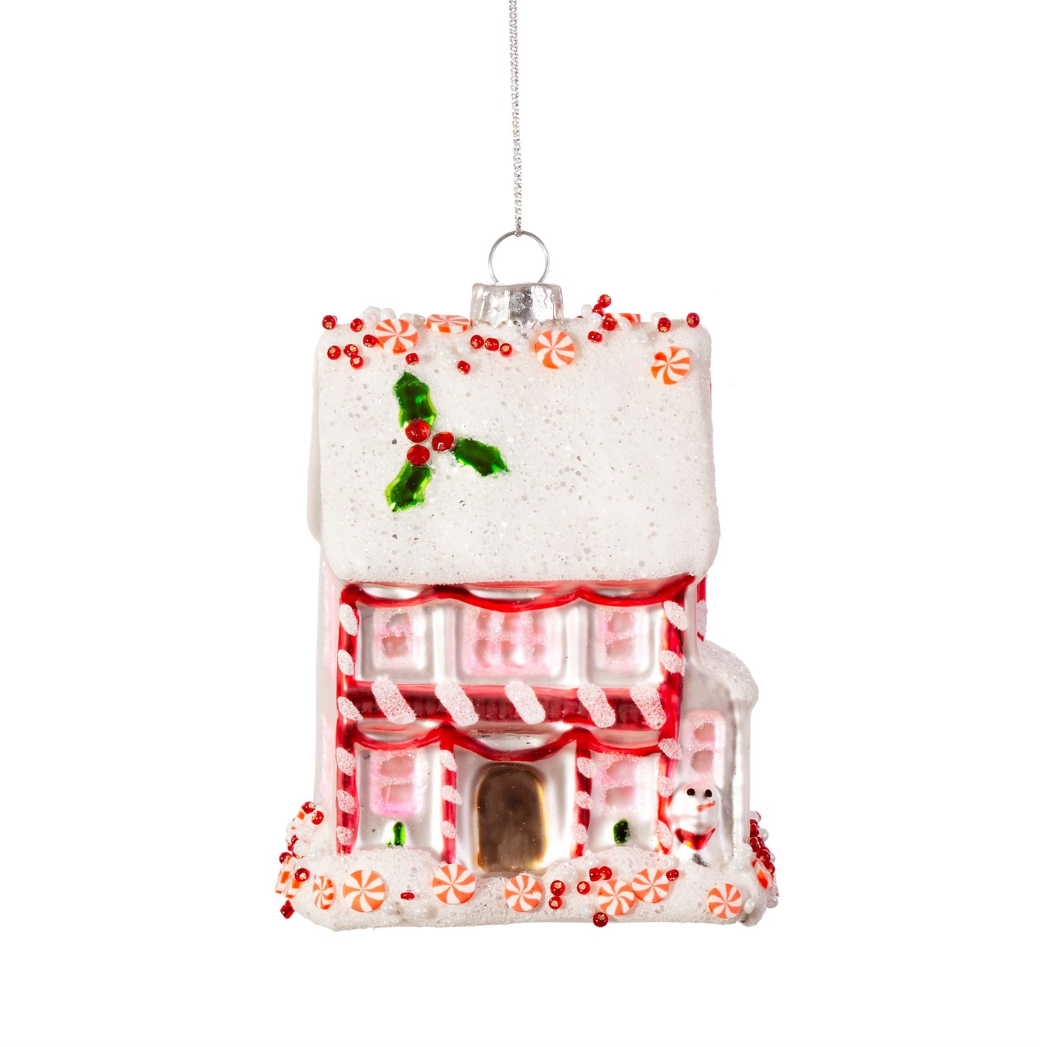 This magical Christmas bauble almost looks edible - shaped like a Gingerbread house and decorated with candy and festive touches of white, red and green. There's even a tiny snowman outside!!
