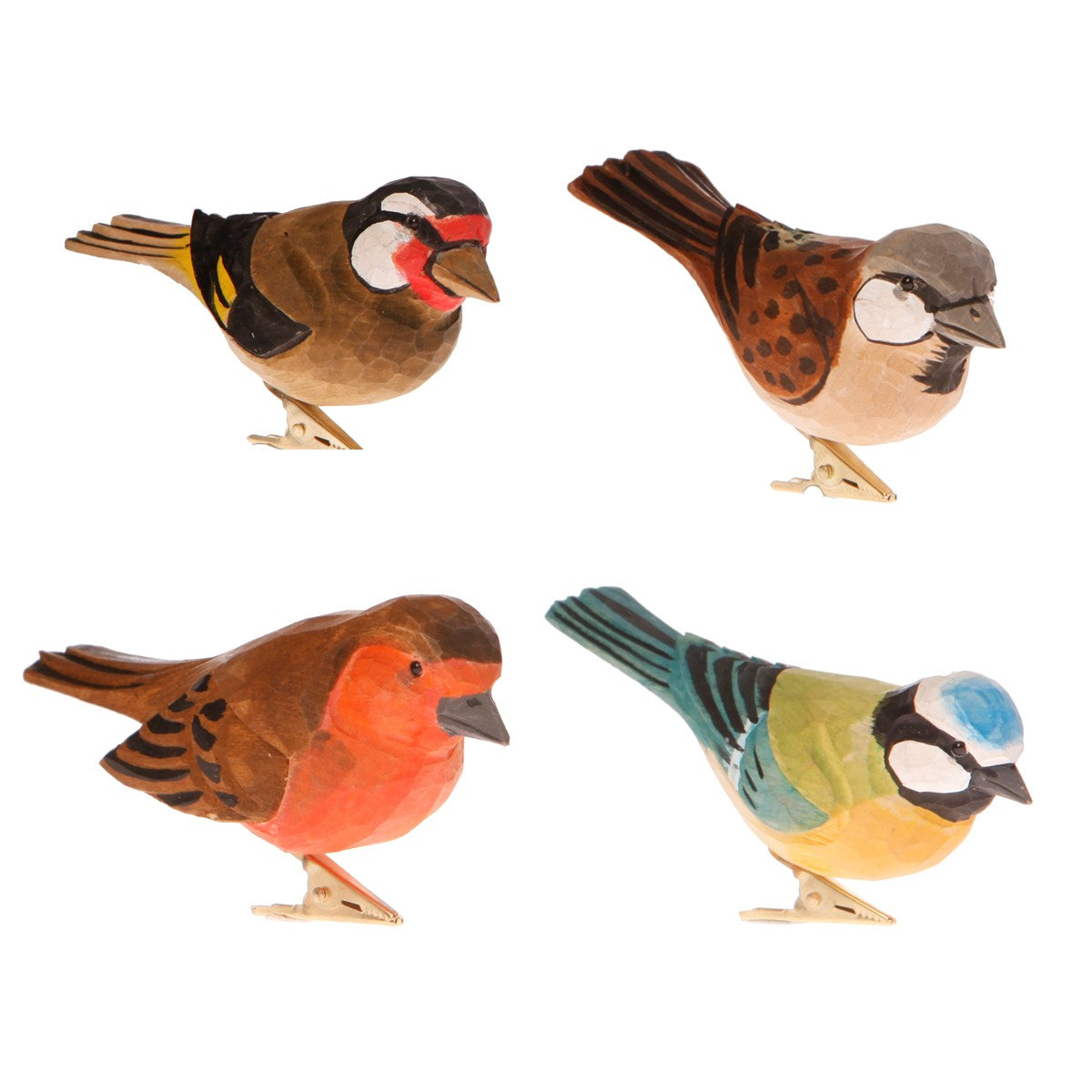 A collection of blue tit, robins, goldfinch and sparrow wooden bird clip decorations