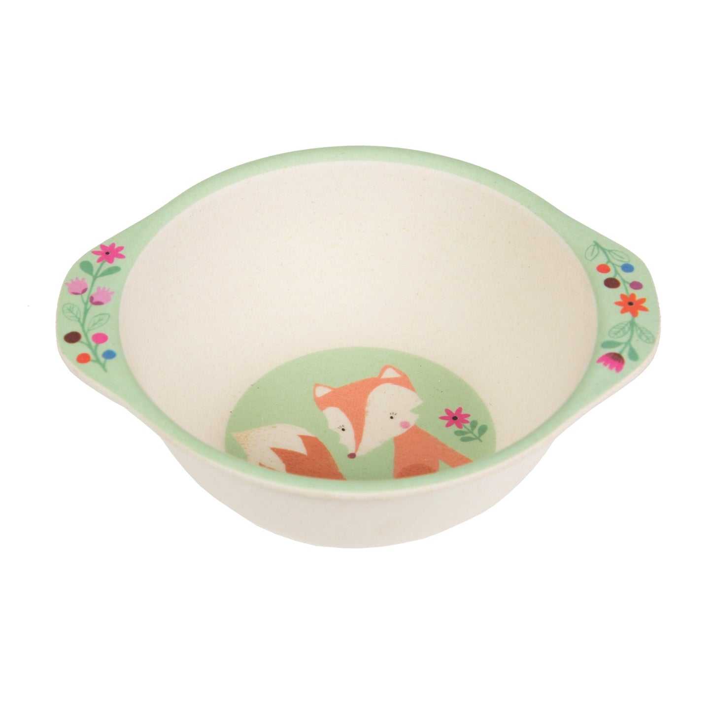 Gorgeous bamboo bowl featuring a fun floral design featuring a cute fox.