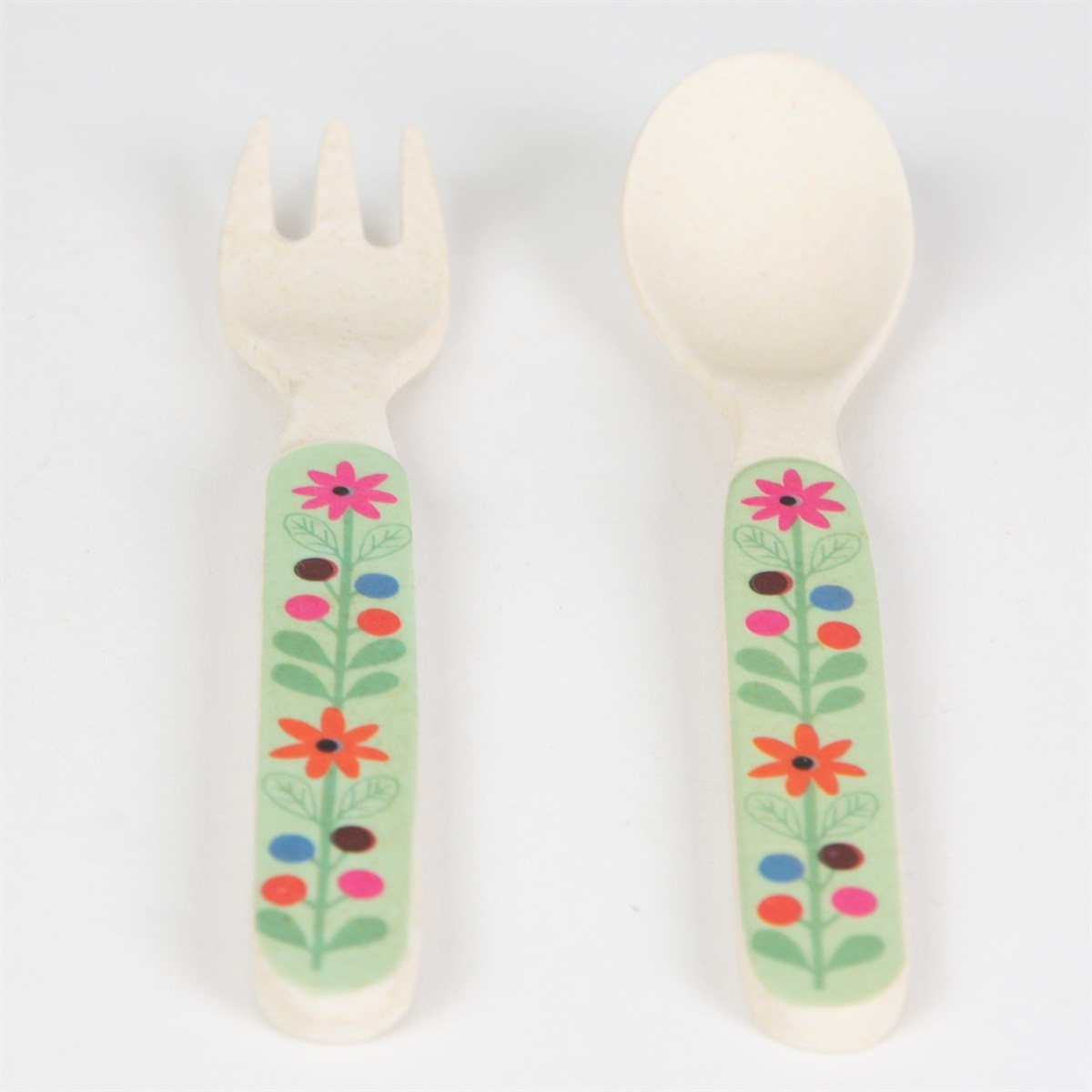 Gorgeous bamboo cutlery set (fork and spoon) featuring a fun floral design.