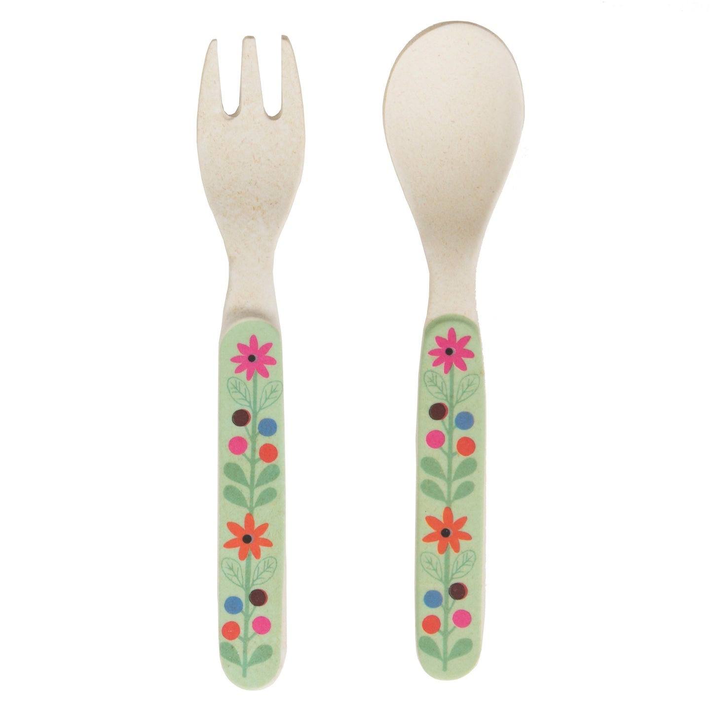 Gorgeous bamboo cutlery set (fork and spoon) featuring a fun floral design.