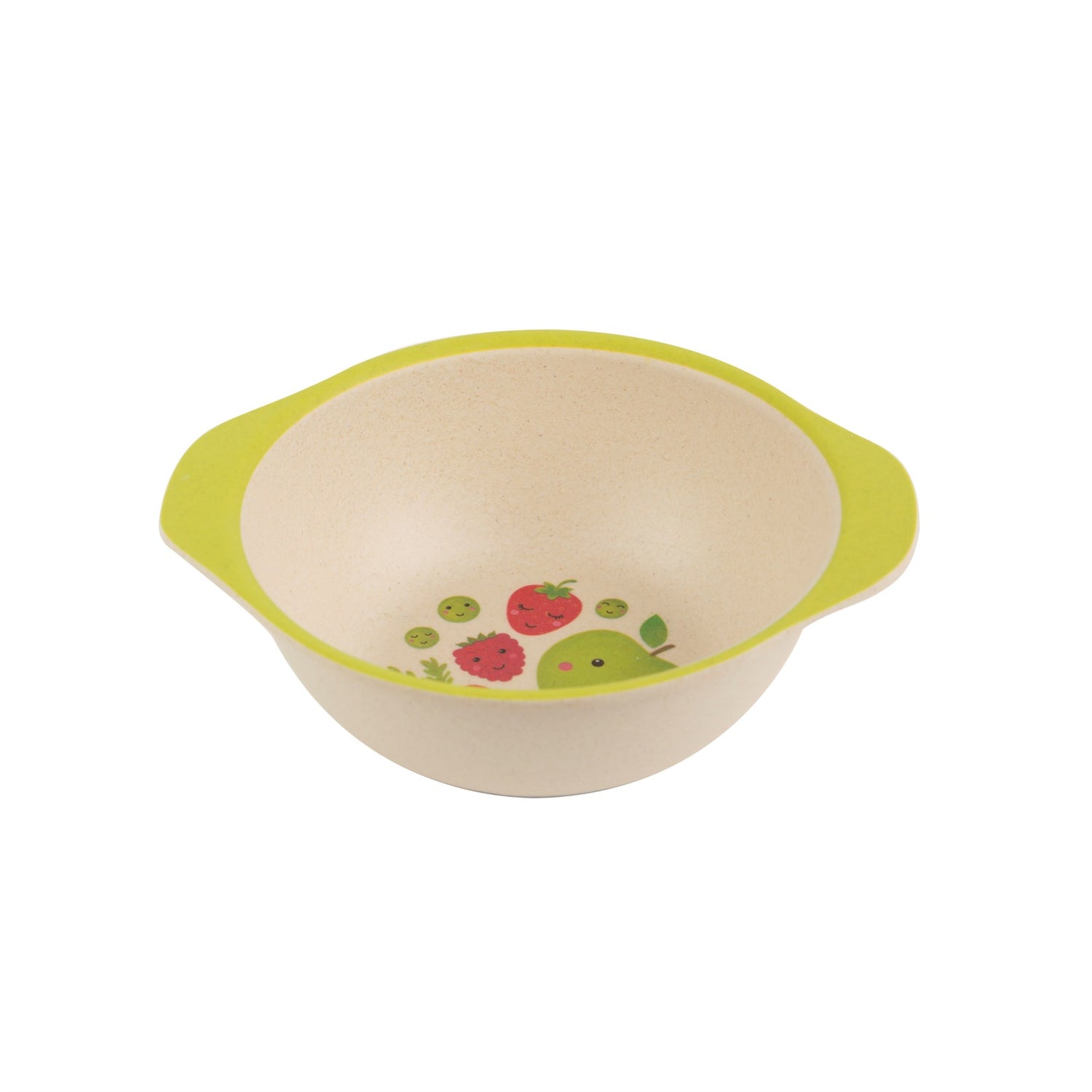 Stay healthy with this bamboo bowl featuring fun vegetable and fruit characters.
