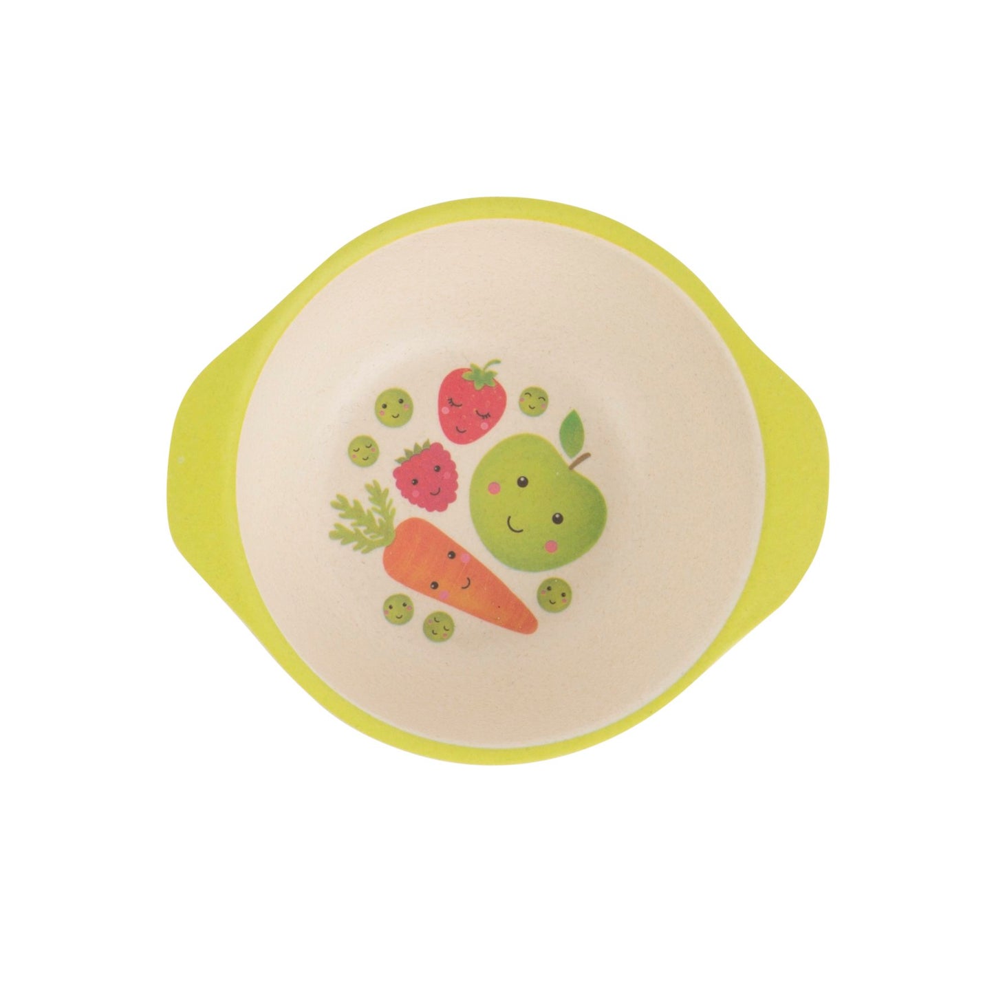 Stay healthy with this bamboo bowl featuring fun vegetable and fruit characters.