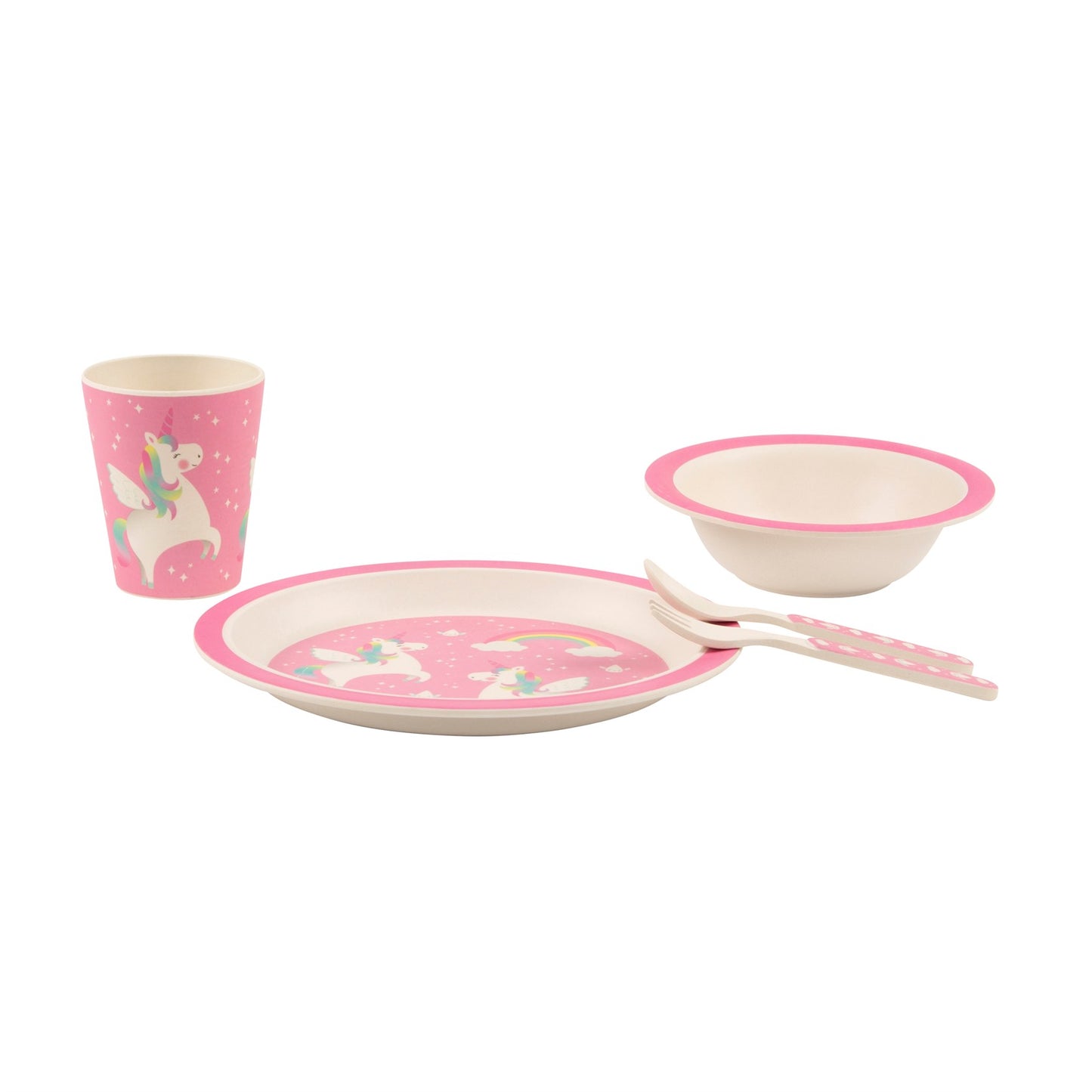 Fly away with this bamboo tableware and cutlery set in a pretty pink colour scheme, with a magical rainbow unicorn themed design.